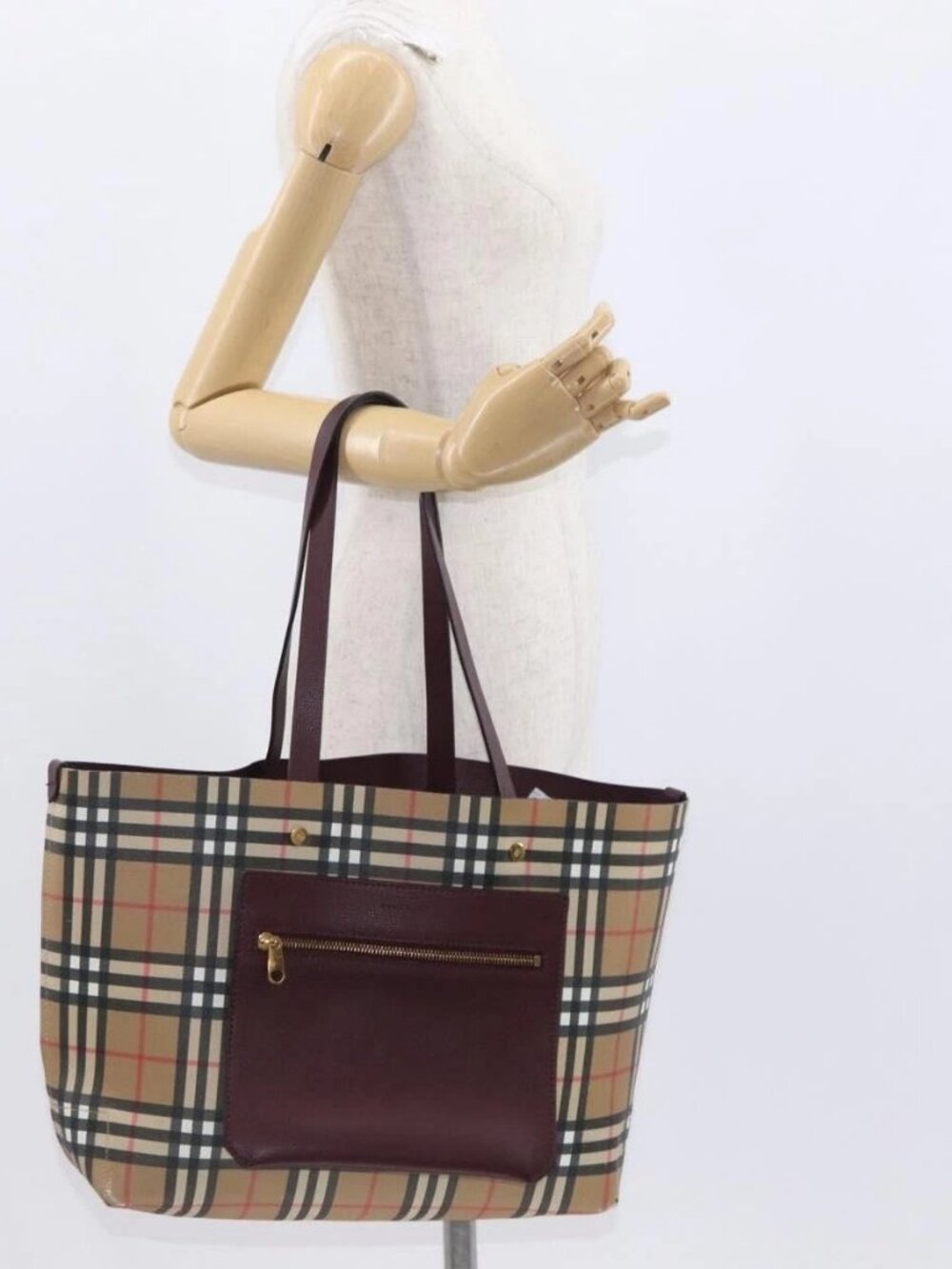 BURBERRY Nova Check Tote Bag PVC Beige Gold Auth BA9573